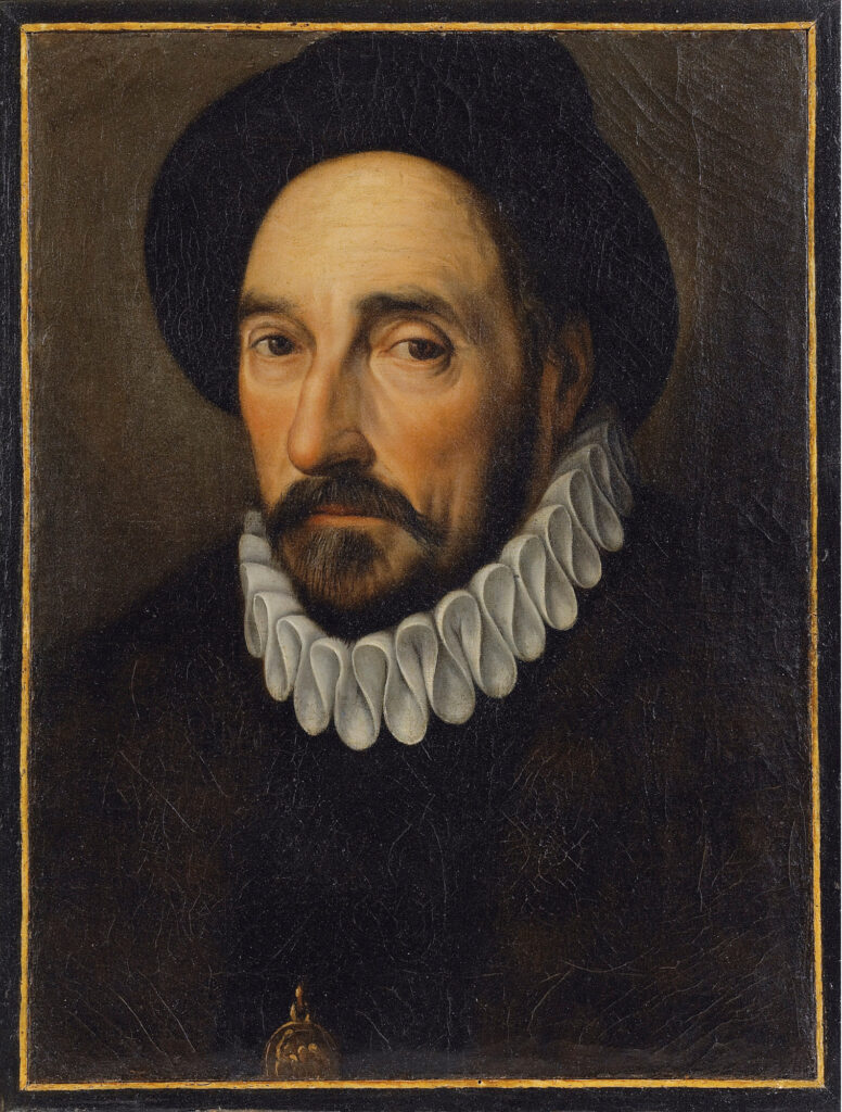 Retrato de Michel de Montaigne usando chapéu preto e gola branca